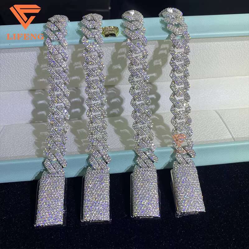 Wholesale 12mm-14mm Moissanite Fine Jewelry Custom Hip Hop VVS Cuban Link Chain 925 Sterling Silver Bracelets Bangles Men Women