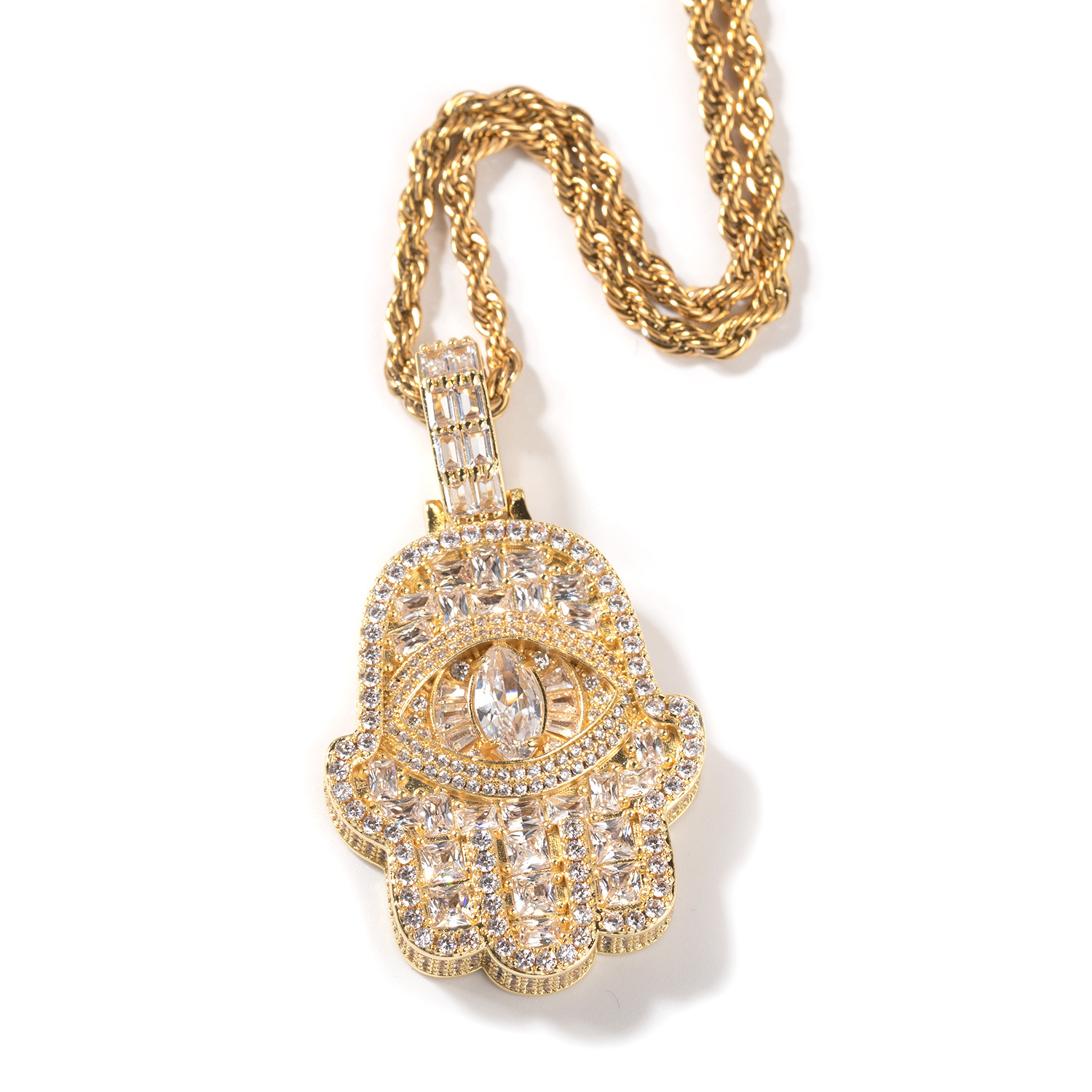 Hip Hop Eye Hand Pendant Necklace 5A Zircon 18k Gold Plated Men Women Jewelry