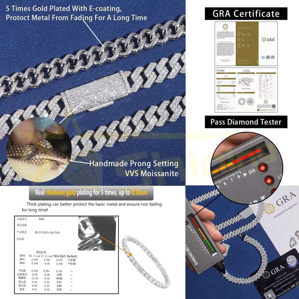 RTS Hot Selg Pass Tester Sier 6mm 8mm 10mm Two Rows Iced Out Hip Hop VVS Moissanite Dia Cuban k Chain