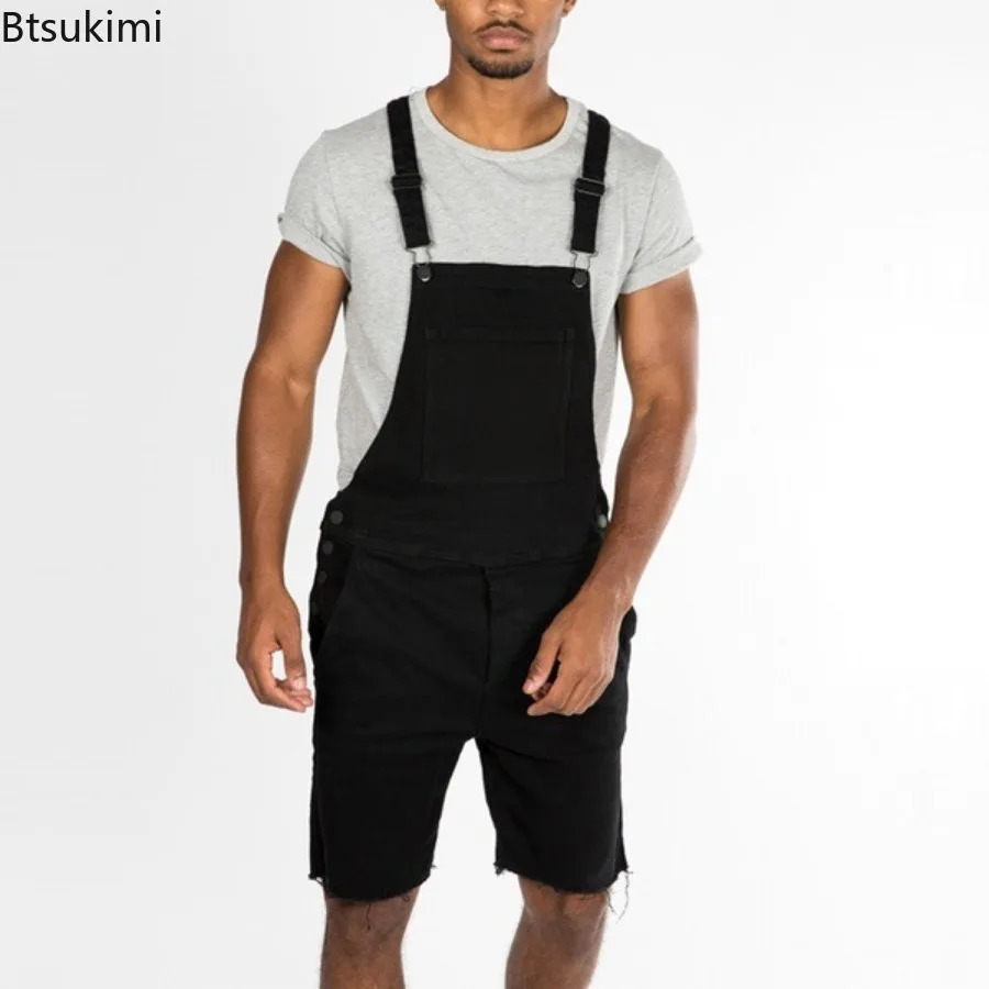 retro casual camisole mens fashion jacket cargo pants solid ultrathin shoulder strap onepiece denim shorts jumpsuit 250409