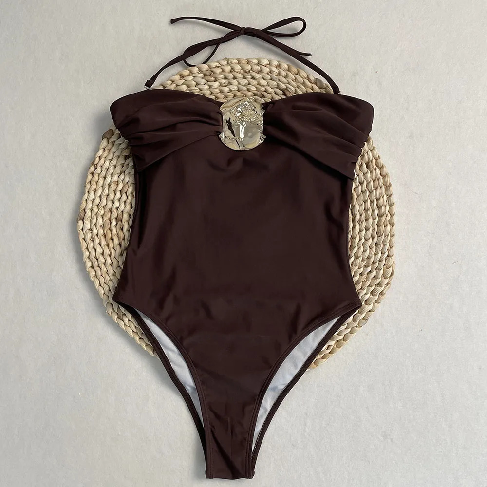 One piece swimsuit womens 2color sexy metal ring cut Bandeau long leg bathroom 250409