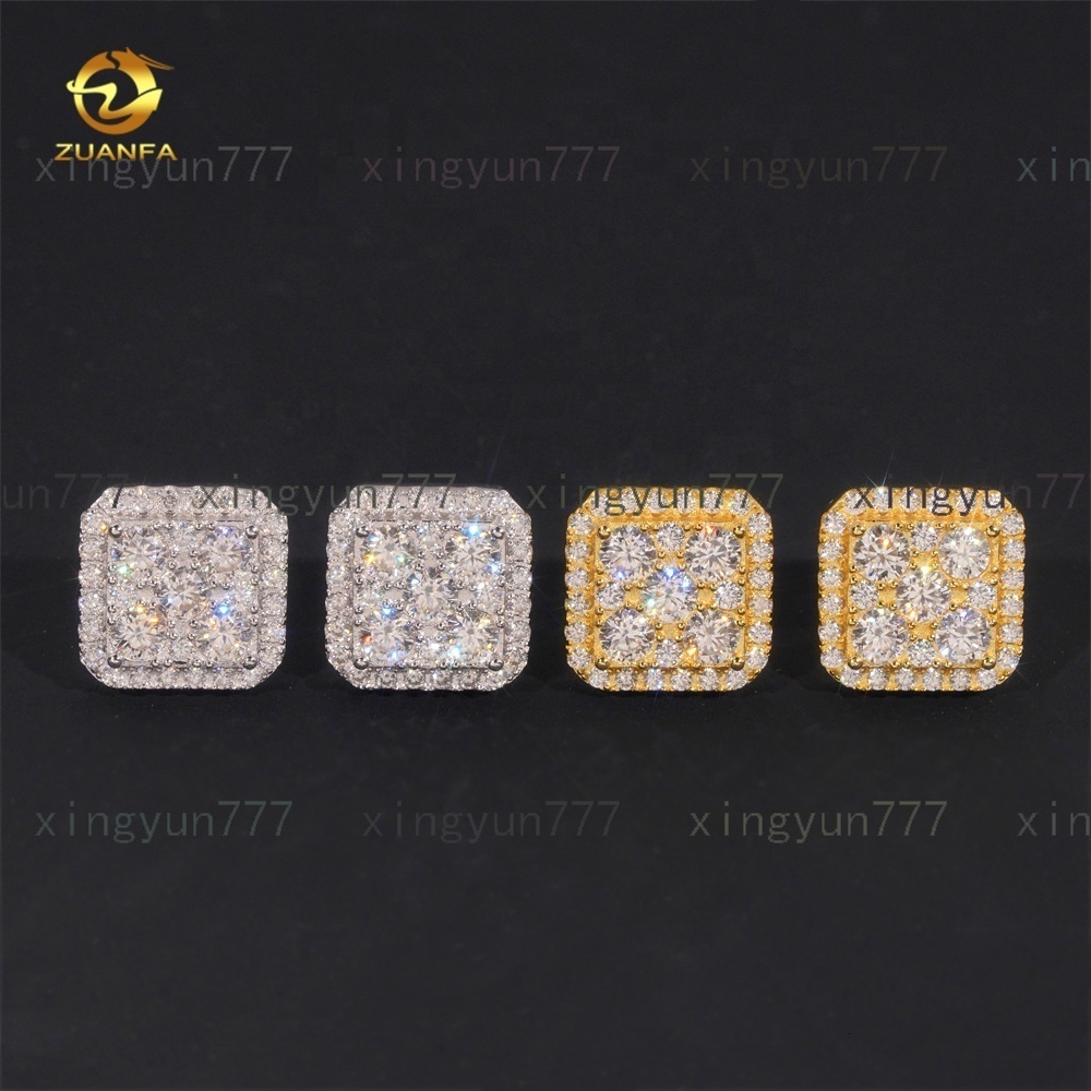 Hip Hop Luxury High Quality VVS Diamond Square Iced Out Mens 925 Silver Moissanite Earrings