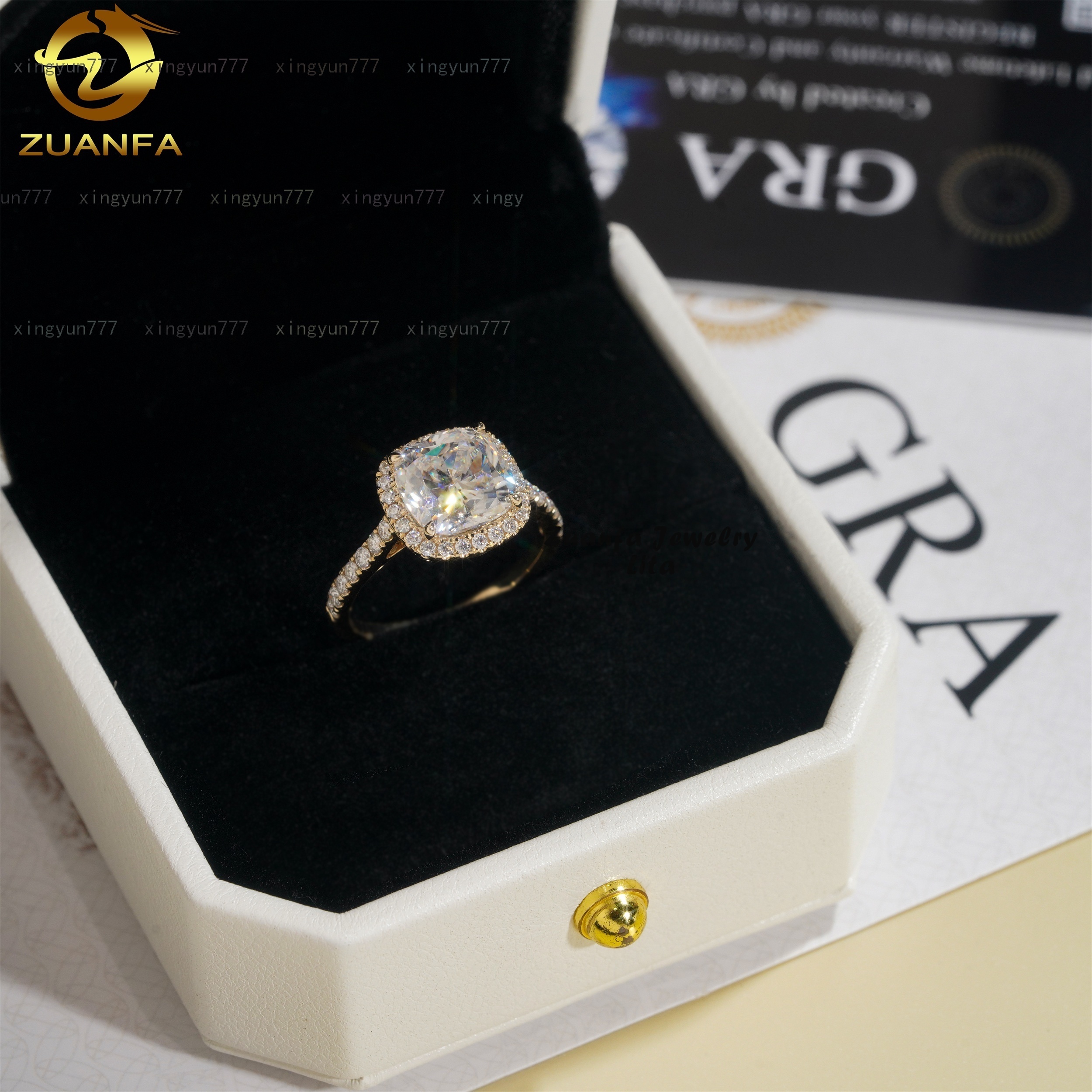 Hot Sale Fashion High Quality 14k Solid Gold VVS1 3ct Moissanite Cushion Cut Diamond Ring