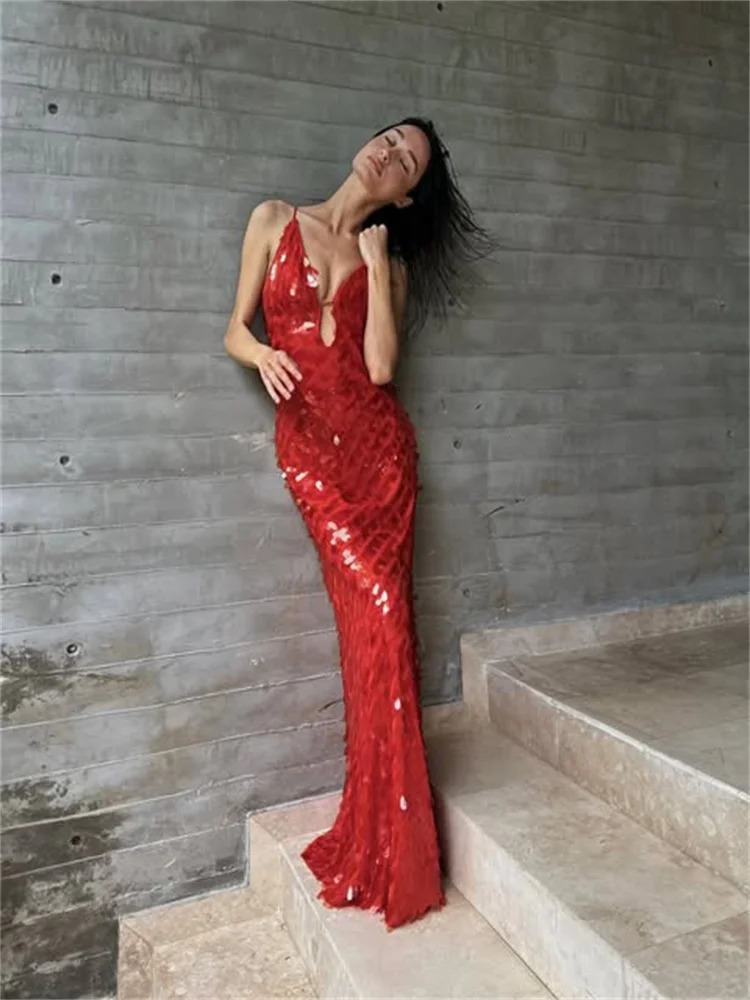 Sparkling sequins spaghetti strap womens evening dress sleeveless backless high waisted floor length party 250409