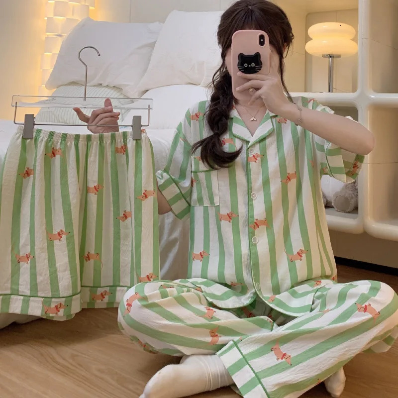 Summer Pajamas Homewear Three Piece Set Stripe Color Collision Printing Cloud Short Sleeve Girls Casual Home Furnishing 250409