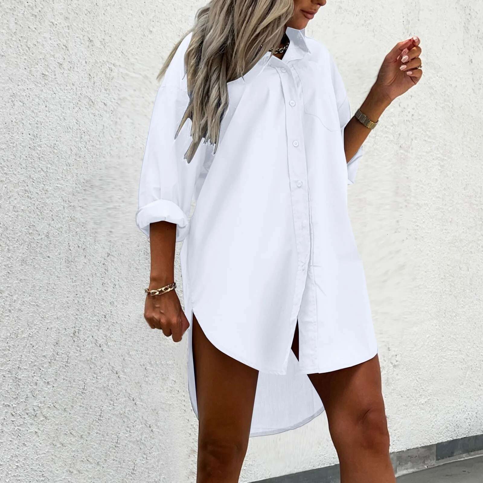 Dongdumaoyi Fashion Elegant Women S Solid Color Blouse Casual Tops Summer Simple Loose Fit Long Sleeve V Neck Button Shirts T Shirt