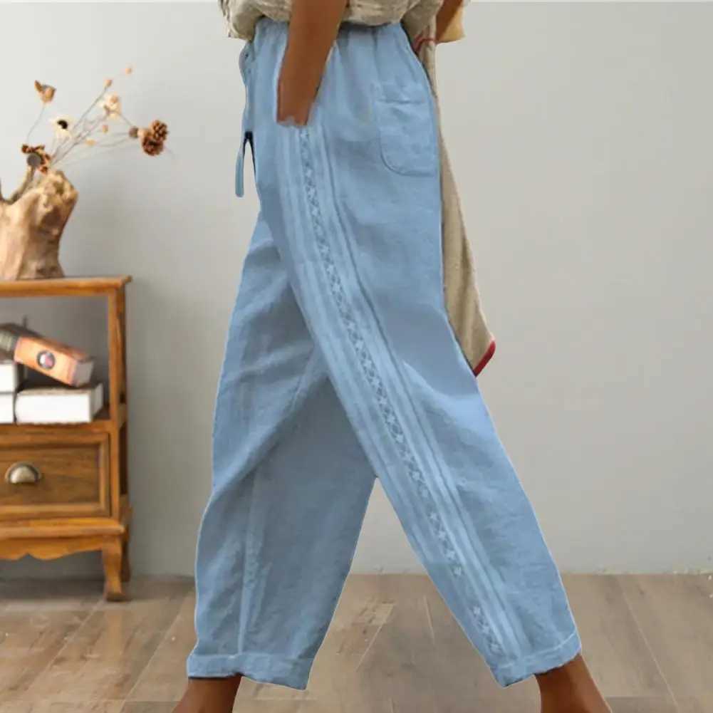 Casual bag wide leg pants loose white Drstring high waisted streetwear cotton linen pants womens straight leg pantsXJ250403