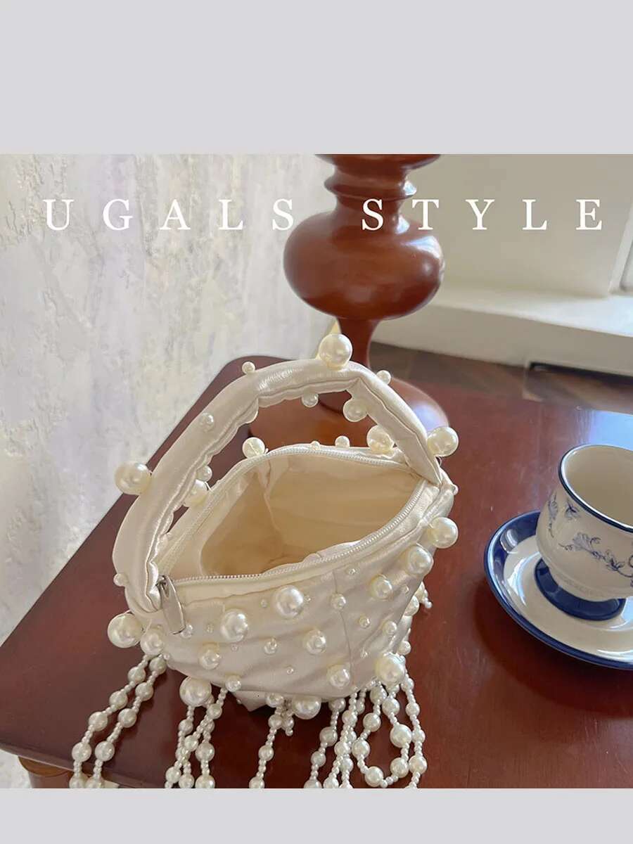 Pearl Handmade Bead Tassel Women Handbag Woven Party Wedding Evening Small Box Basket Bag