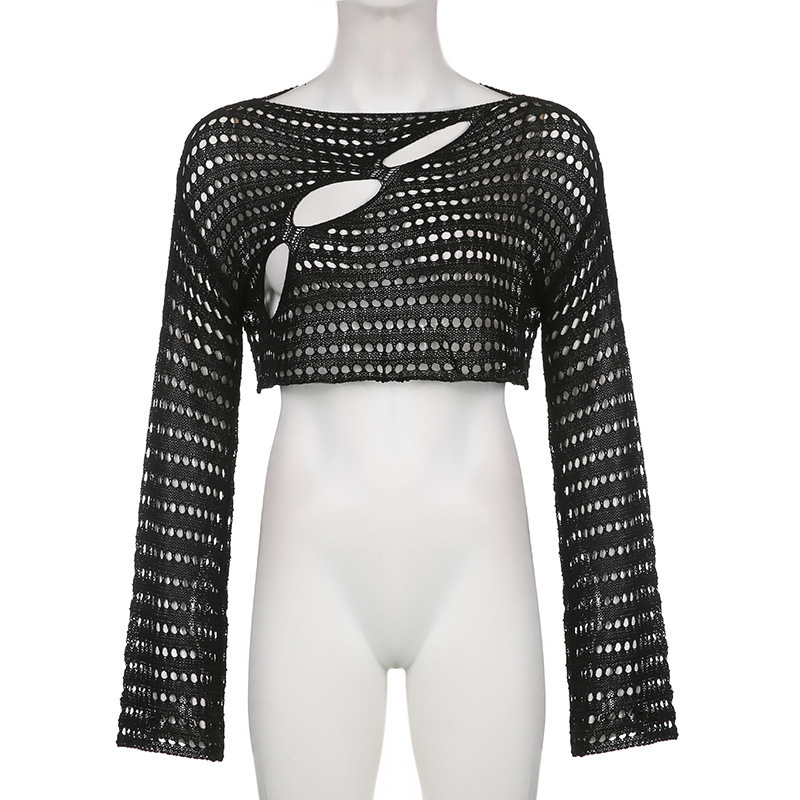 2025 Sexy Perspective Piercing Open Umbilical Hot Girl Top for Outer Wearing Hollow Loose Knitted Womens Dress