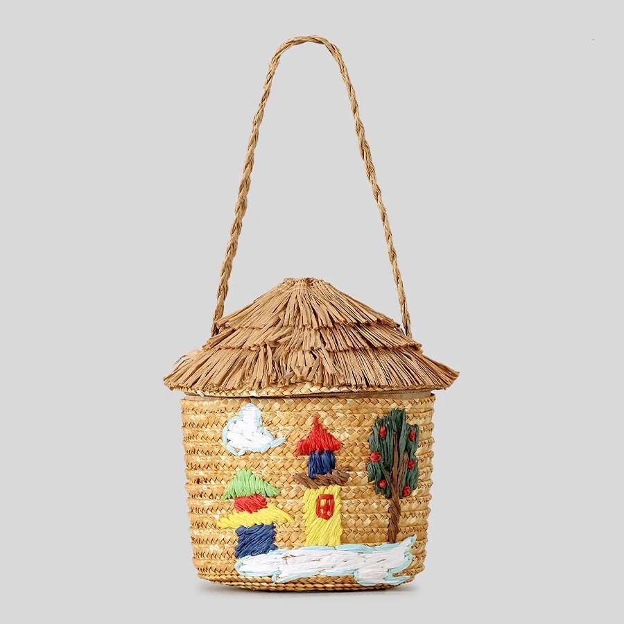 Creative Cartoon House Women Shoulder Bags Paper Woven Cute Handbags Handmade Summer Beach Bag For Girls Children 2025