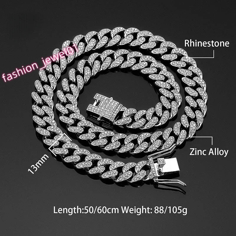 Hip Hop Shiny 13MM Cuban Link Chain Necklace/Bracelet Silver Color Rhinestone Iced Out Cuban Chain Punk Jewelry Necklace Gift