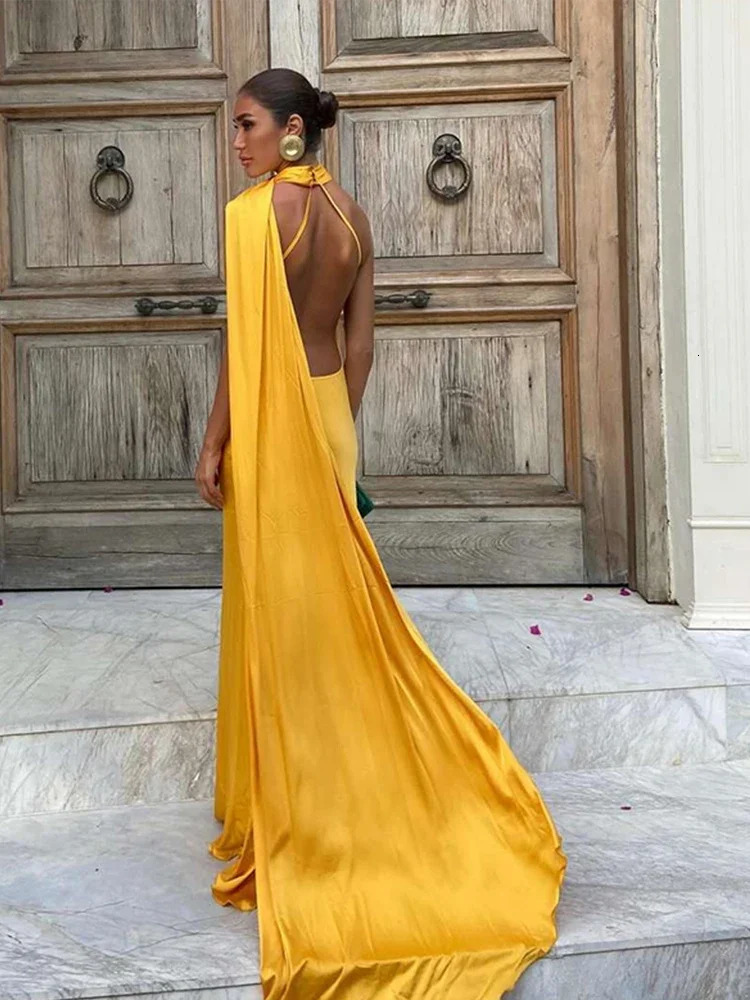 Ribbon pendant collar long dress with slanted shoulders lace backless satin tempered slim fitting suspender womens fishtail 250409
