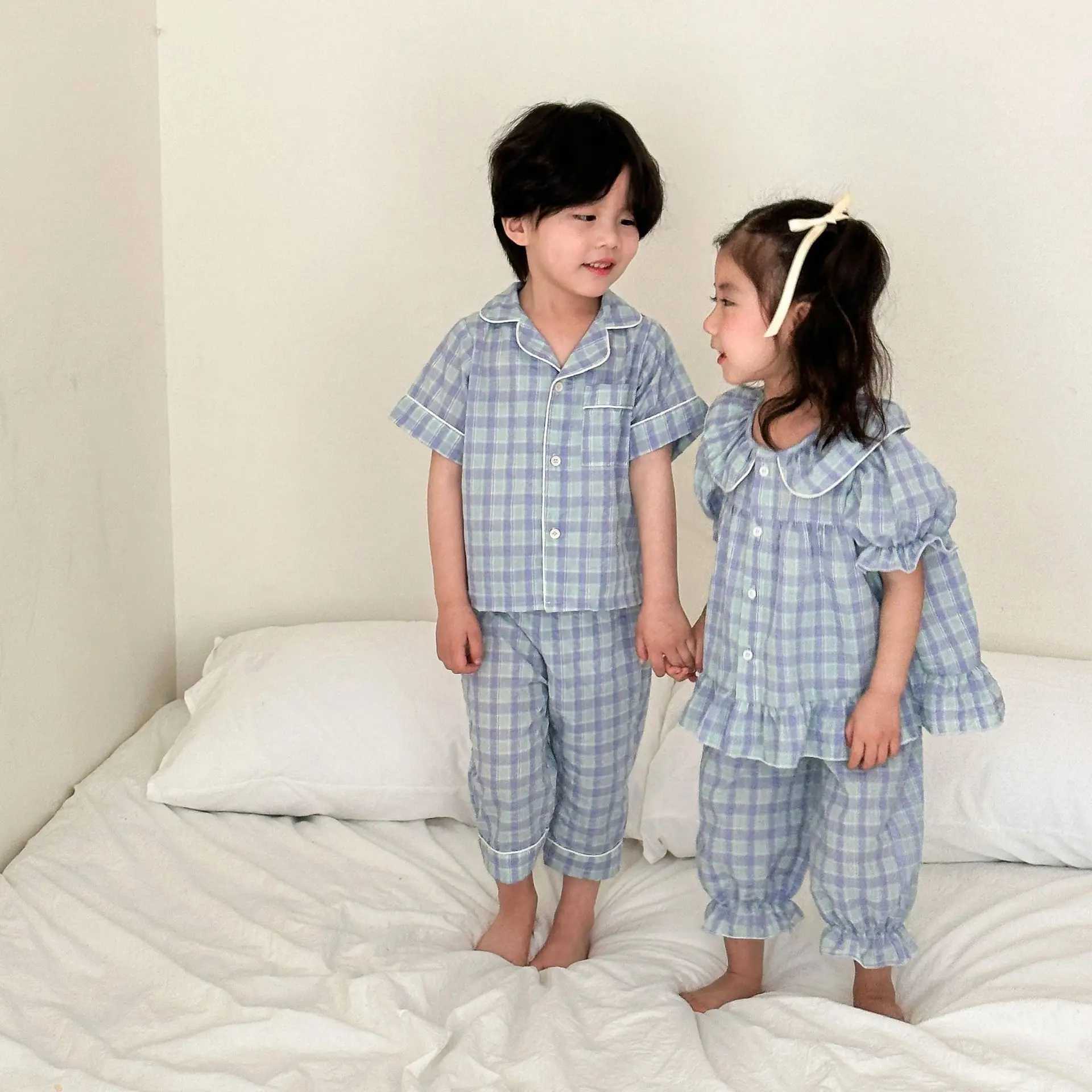 2024 Summer Childrens Plain Knitted Pajama Set for Boys and Girls Baby Thin Cotton Short sleeved Top+Shorts 2-piece Childrens Cotton Pajama Set S2548
