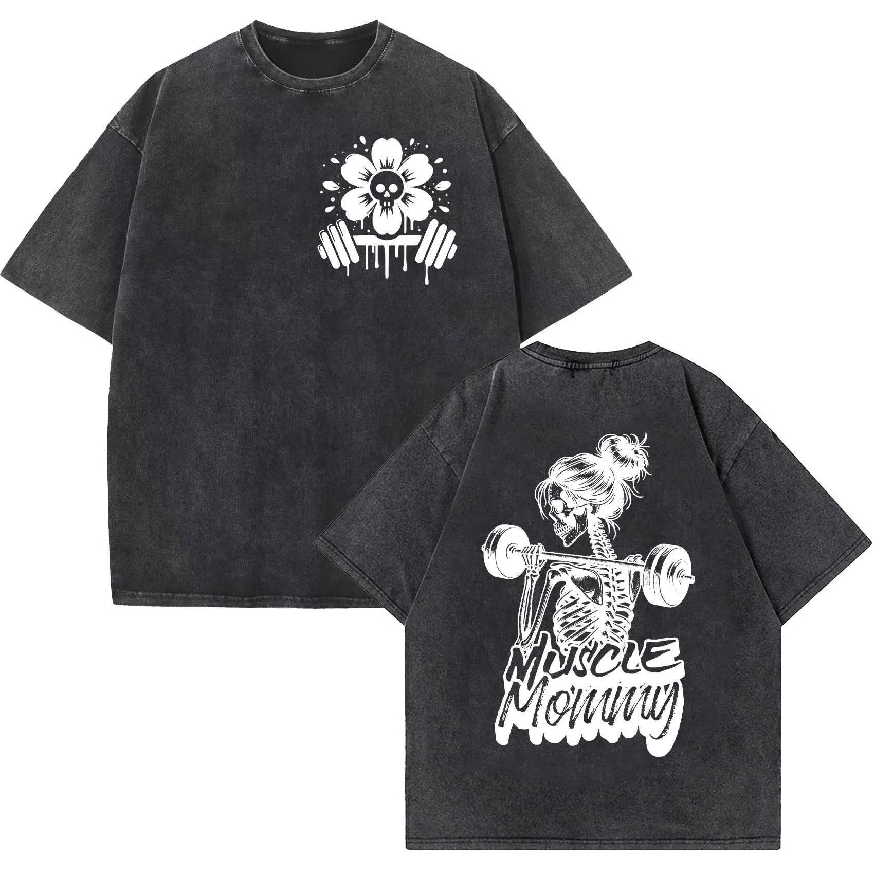 Fun muscle mom gym retro wash T-shirt mens fashion O-neck short sleeved T-shirt casual 100% pure cotton oversized T-shirtXJ250409