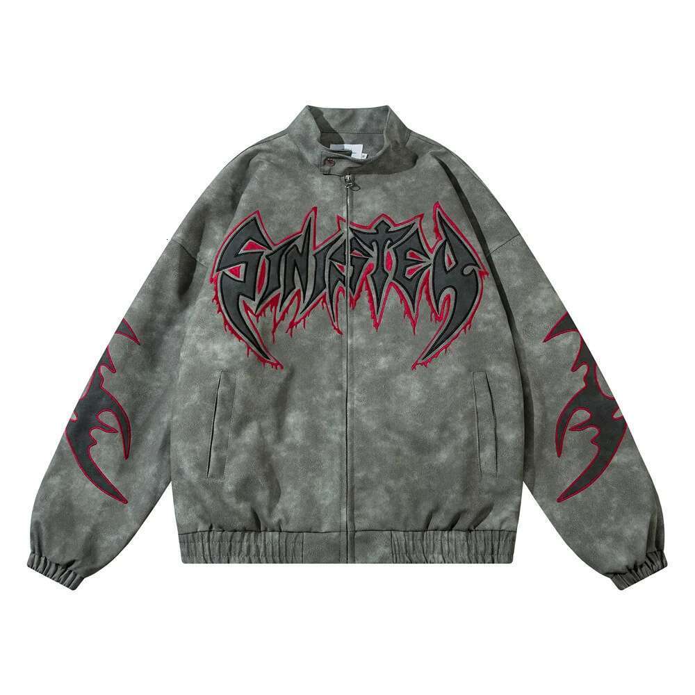 Flame Letter Leather Jacket Mens High Street Autumn Winter Loose Stand Collar Long Sleeve Zipper Fly Outerwear Men
