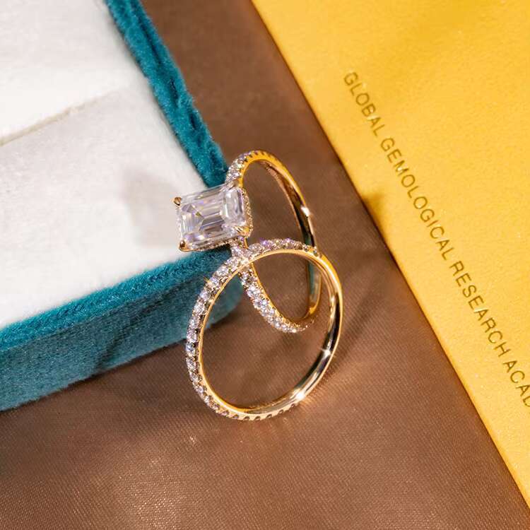 Fashion 2CT Emerald Cut Hidden halo 10K Gold Moissanite Diamond Ring with Eternity Wedding Band Jewelry Set