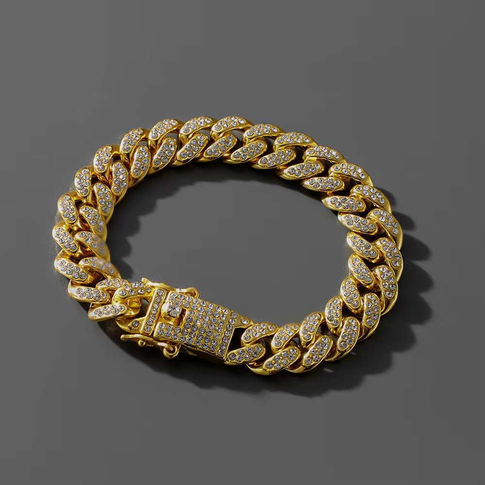 HipHop Men Women 13MM Cuban Link Chain Bracelet Bling Iced Out Row Rhinestone Paved Miami Rhombus Cuban Chain Pulseira Cubana