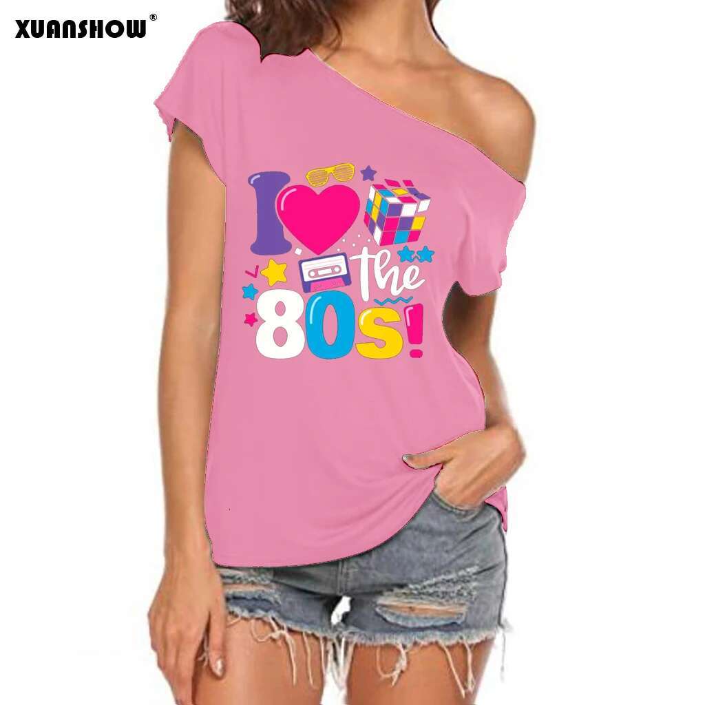 XUANSHOW 2024 Summer I Love the 80s Emotional Element T-shirt Sexy Off Shoulder Tops Short Sleeve Letters Printed Tee Shirt