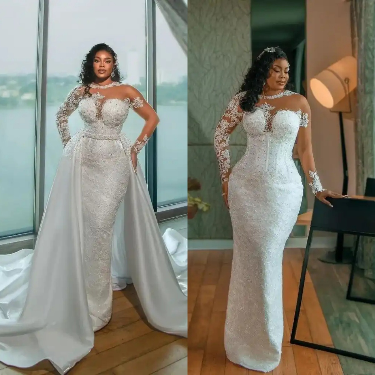Plus Size Mermaid Wedding Dress Pearls Beaded O Neck Long Sleeve Bride Gowns Detachable Sweep Train Bridal Dresses Customized