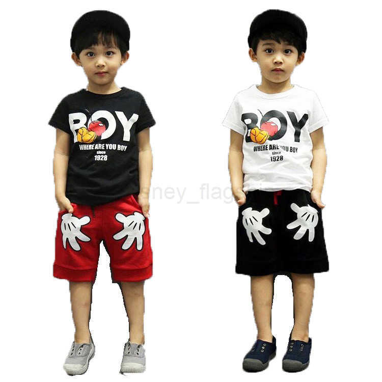 Disney Summer style new childrens clothing Korean version small and medium-sized childrens set male and female cartoon two-piece set Mickey hand setXJ