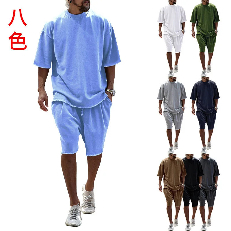 Crossing the border between Europe and United States with casual mens clothing in solid color loose short sleeved simple street trend style set 250409