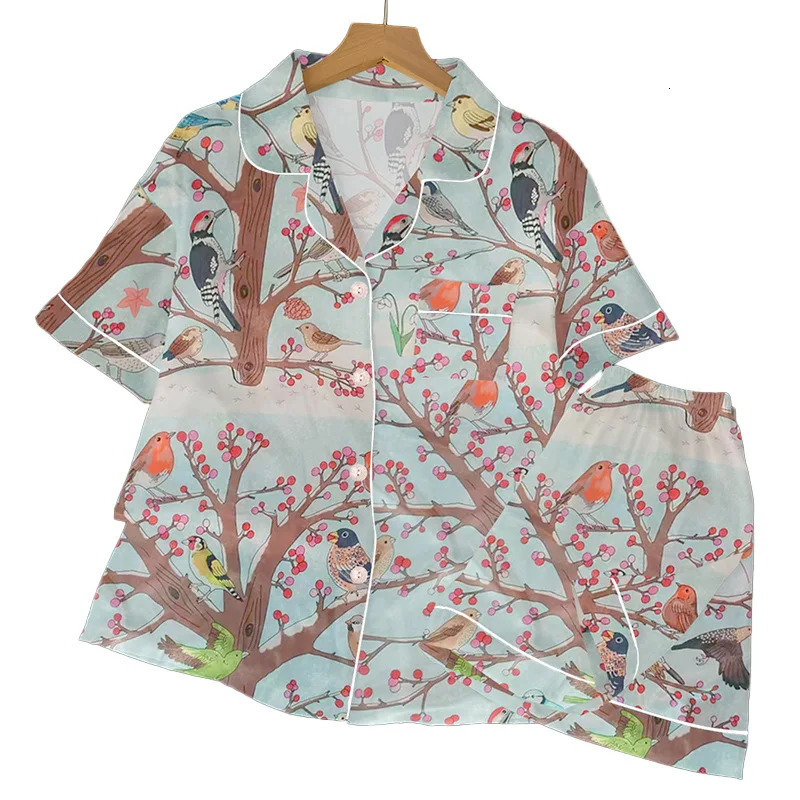 Niche Light y Ice Silk Pajamas Womens Summer Rural Bird Pattern Short Sleeve Set 250409