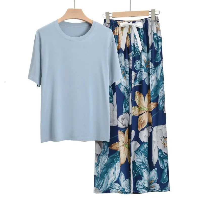 womens home clothing sleepwear set fashionable cotton contrasting color comfortable short sleeved wide leg pants 250409