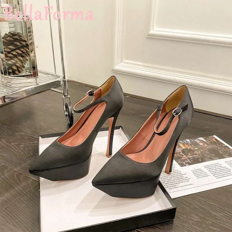 Super Waterproof Platform Women's High Heels Banquet Dress Sexy Catwalk Sheepskin Sequins Satin Matte Pointed Toe Stilettos