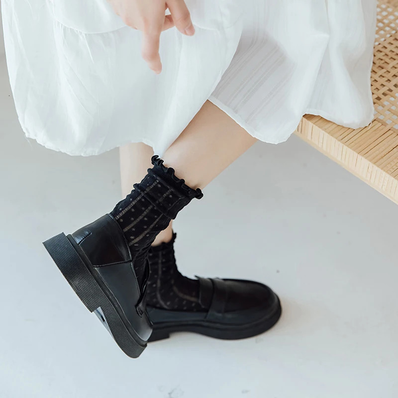 Spring Summer Fashion Women Socks Lady Long Black White Lace Harajuku Ruffle Casual Sweet Kawaii Floral Breathable Lolita 250409