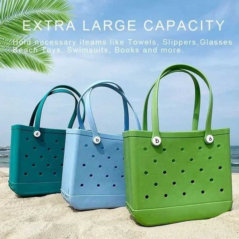 Big Eva Beach Handbag Fashion Mom Diaper Storage Basket Summer Rubber Handbag Solid Color Jelly Beach Bag Sundries OrganizerT250409