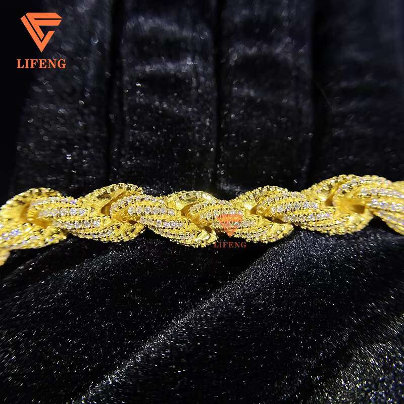 Custom Hand Make VVS Moissanite Diamond 8mm Gold Plated 925 Solid Silver Rope Chain Bracelet for Cuban Link Chain