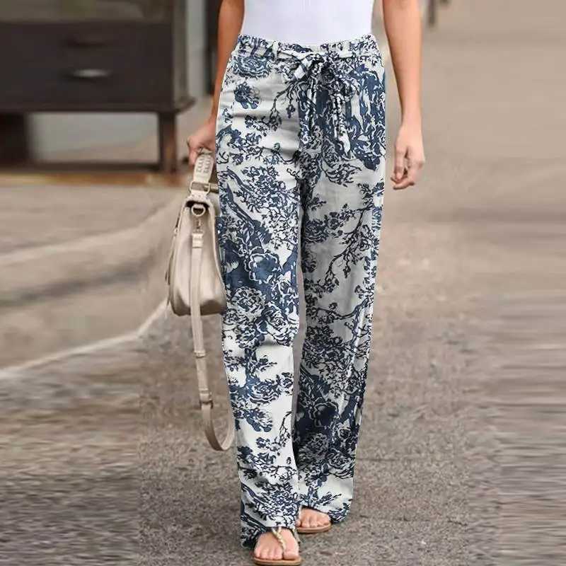 Casual printed cotton linen straight leg pants for women fashionable lace elastic waist home Trouser Fe Plus size pantsXJ250403