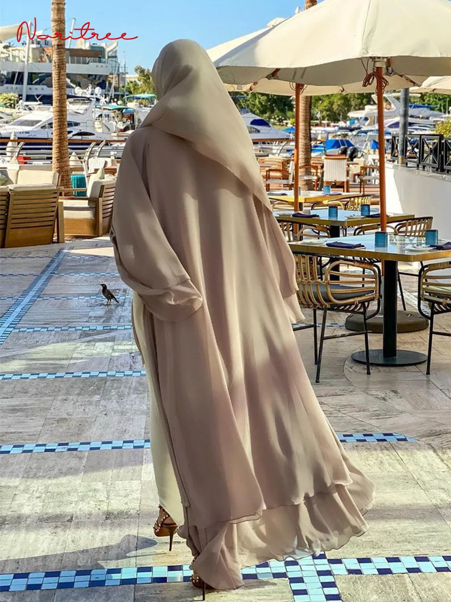 Fashionable chiffon abaya kimono Dubai Muslim cardigan wool sweater abayas womens casual robe women with belt Islamic clothing F2664 250409