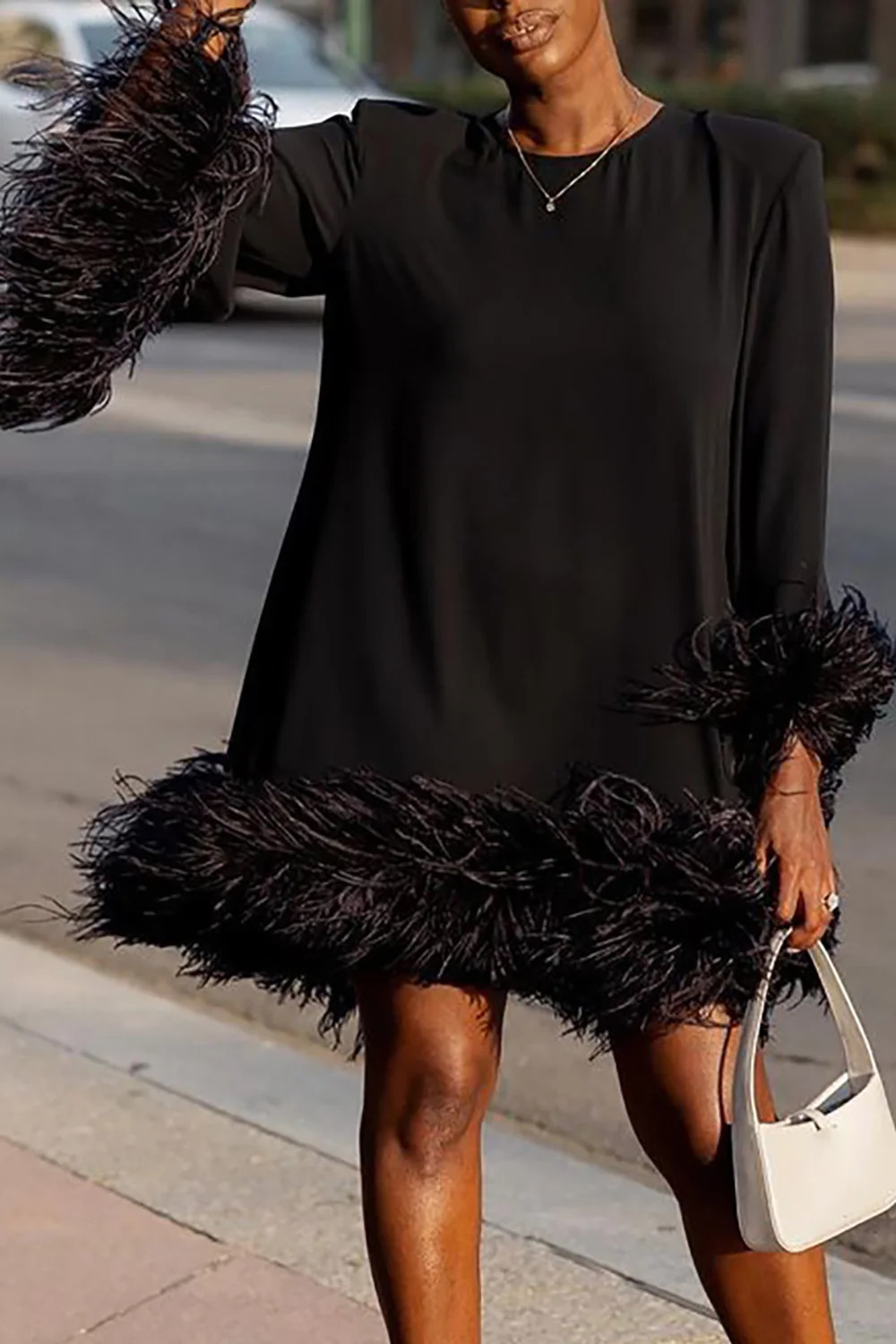 Womens mini dress with feather hem cocktail evening dress elegant party dress spring round neck solid Y2K stripe loose fashion dress 250402