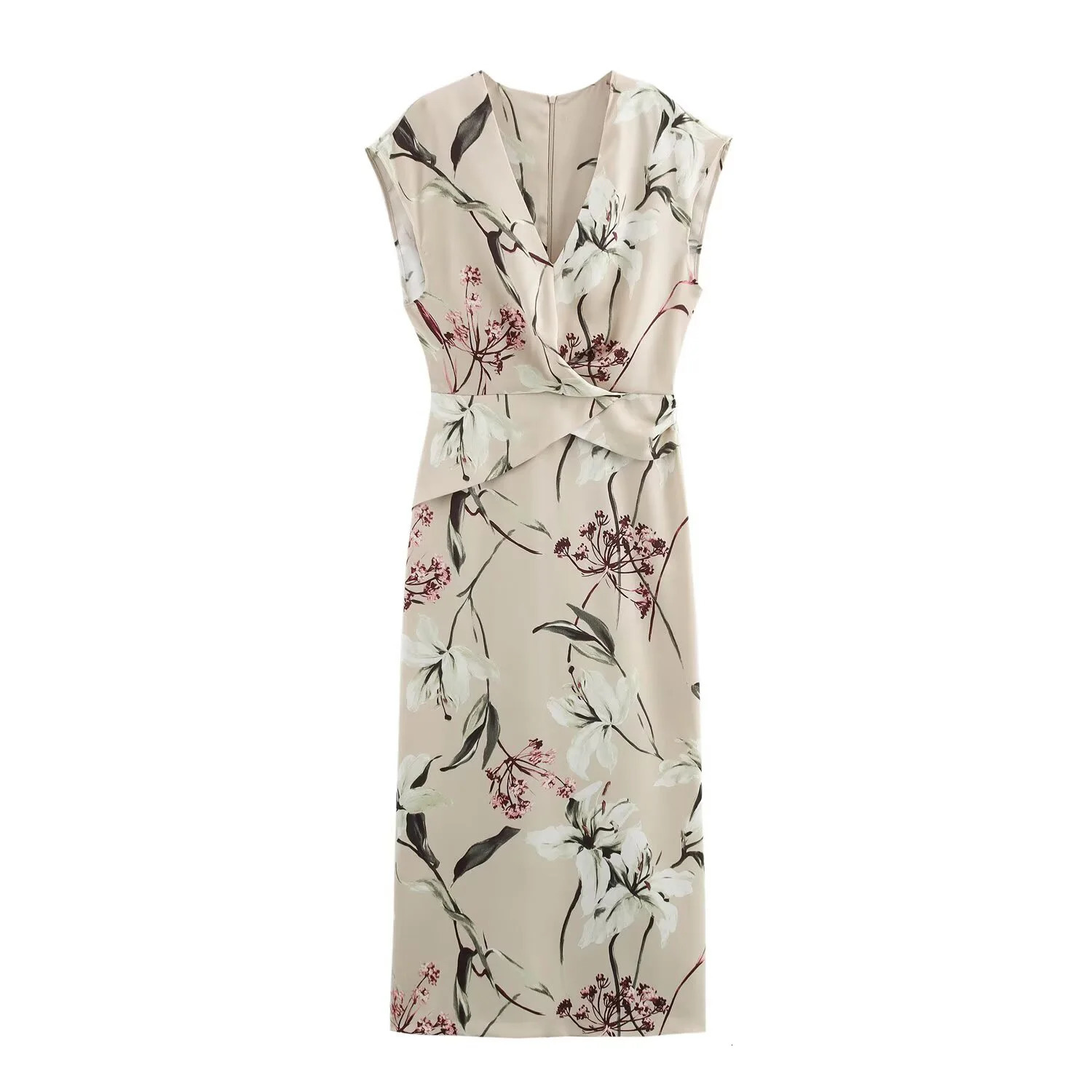 Spring Womens Printed Satin Texture Vneck Short Sleeve Slimming Long Dress 250409
