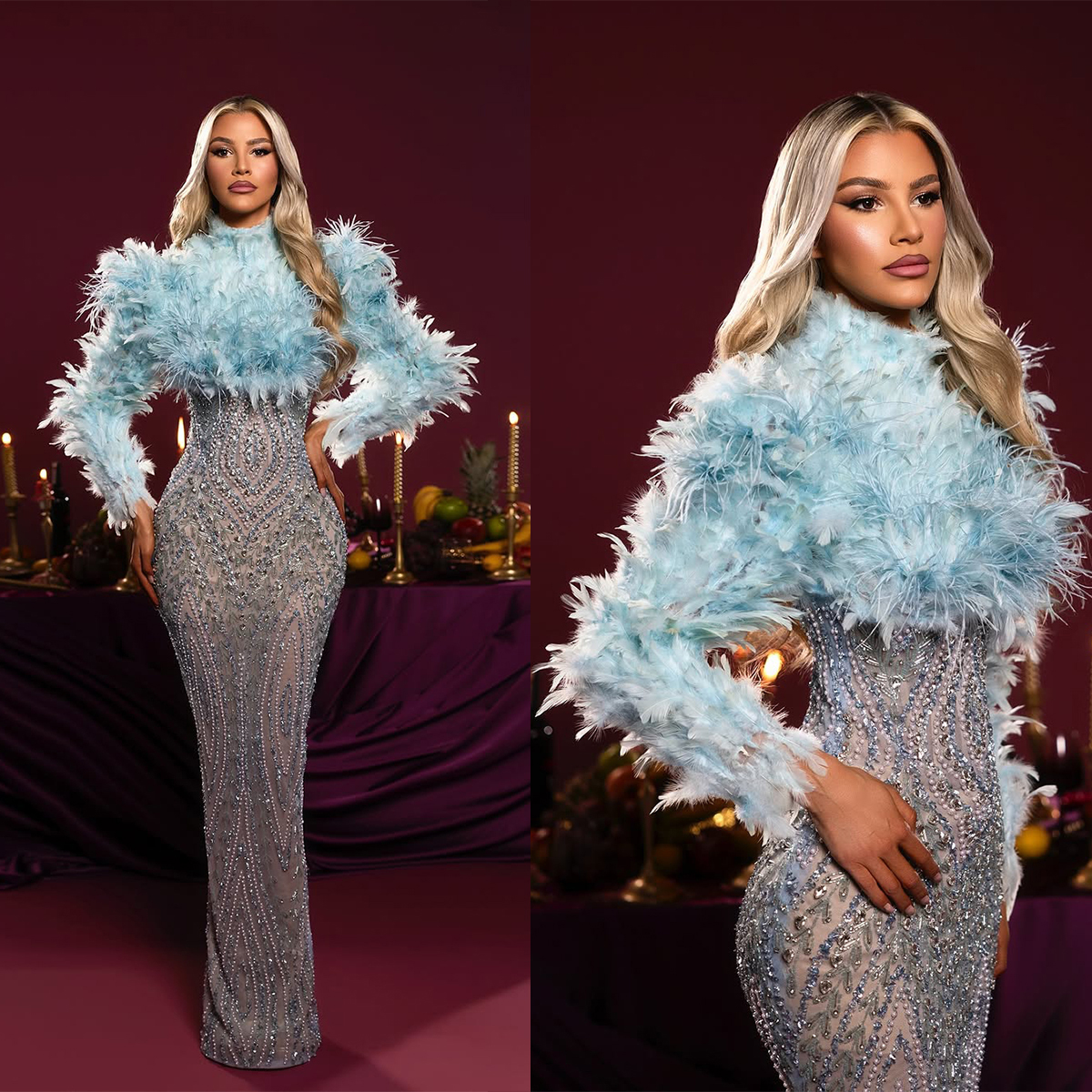 Vintage Evening Dresses Feather Mermaid Prom Gowns Pearls Rhinestone High Neck Customized Long Sleeves Sweep Train Princess Formal Occasion Party Dres