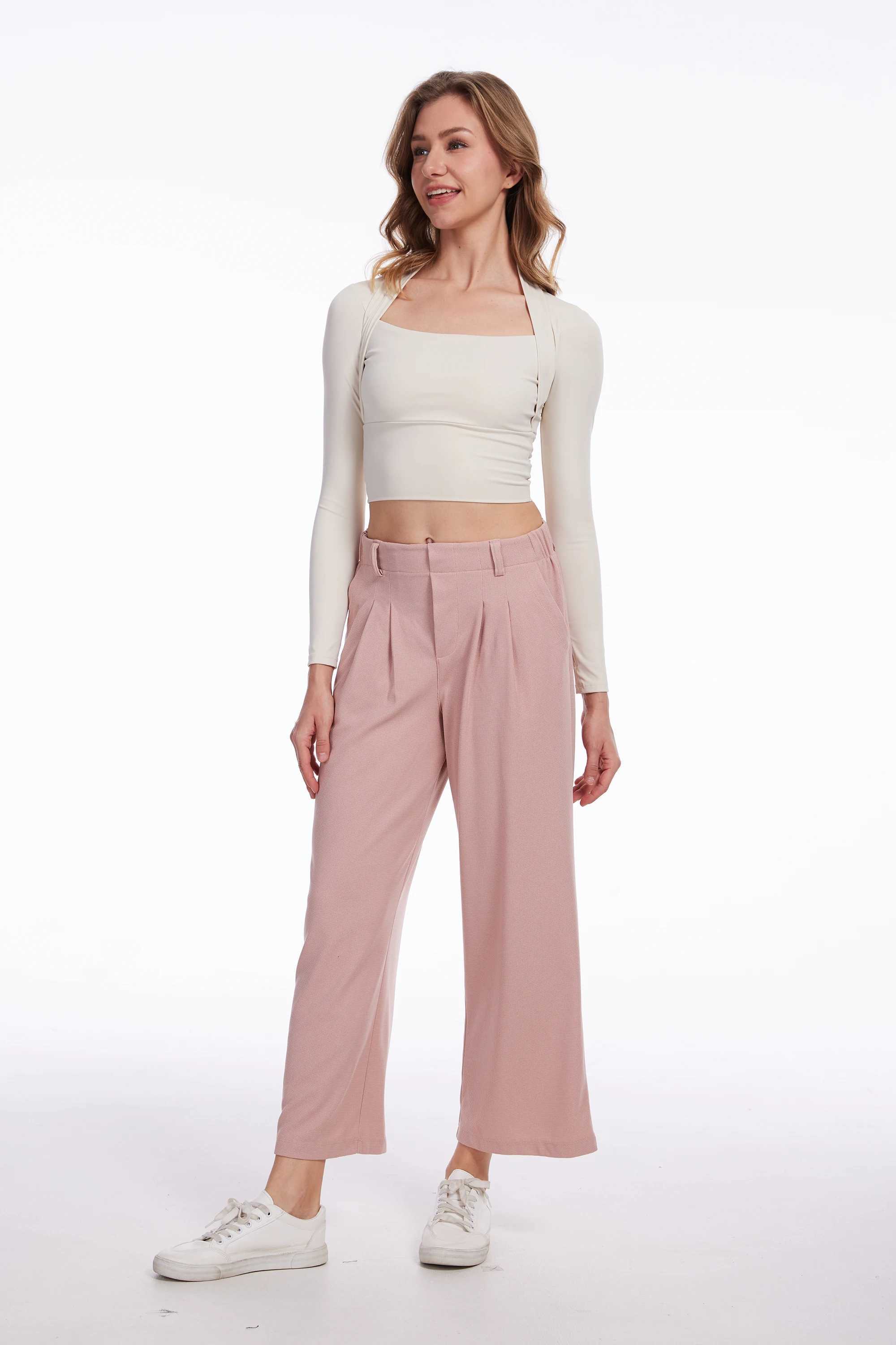 Womens casual business wide leg cut pants elastic waist pants office clothes womens solid slack pantsXJ250403