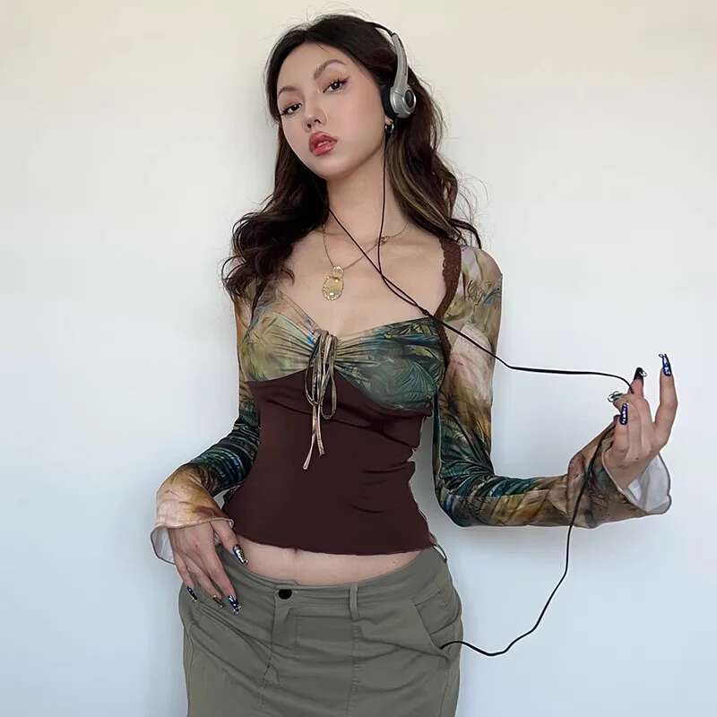 Tie Dye Short Long Sleeved For Women's Early Autumn Design, Square Neck Strapless Mesh Base Top