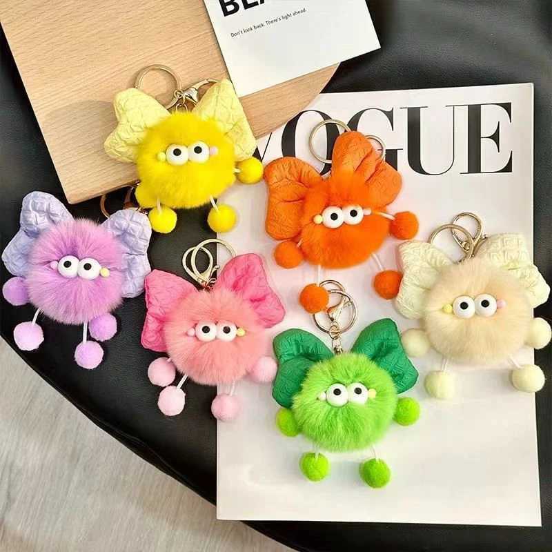 Cute cartoon big eyed plush doll bow keychain fun ball car keychain pendant toy backpack decoration accessories giftXJ250409