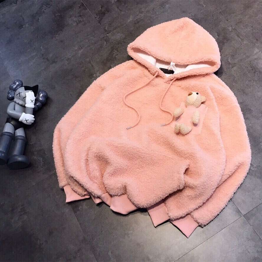 23 Autumn/Winter Women's Cute Pocket Teddy Bear Lamb Fleece Korean Loose Straight Hoodie