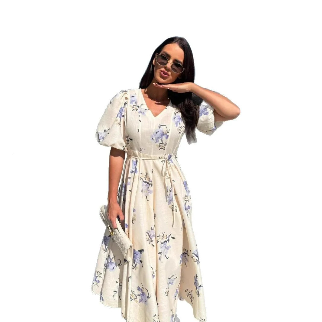 Elegant floral print bohemian dress sexy deep Vneck lace long womens casual puff sleeves high waisted party 250409