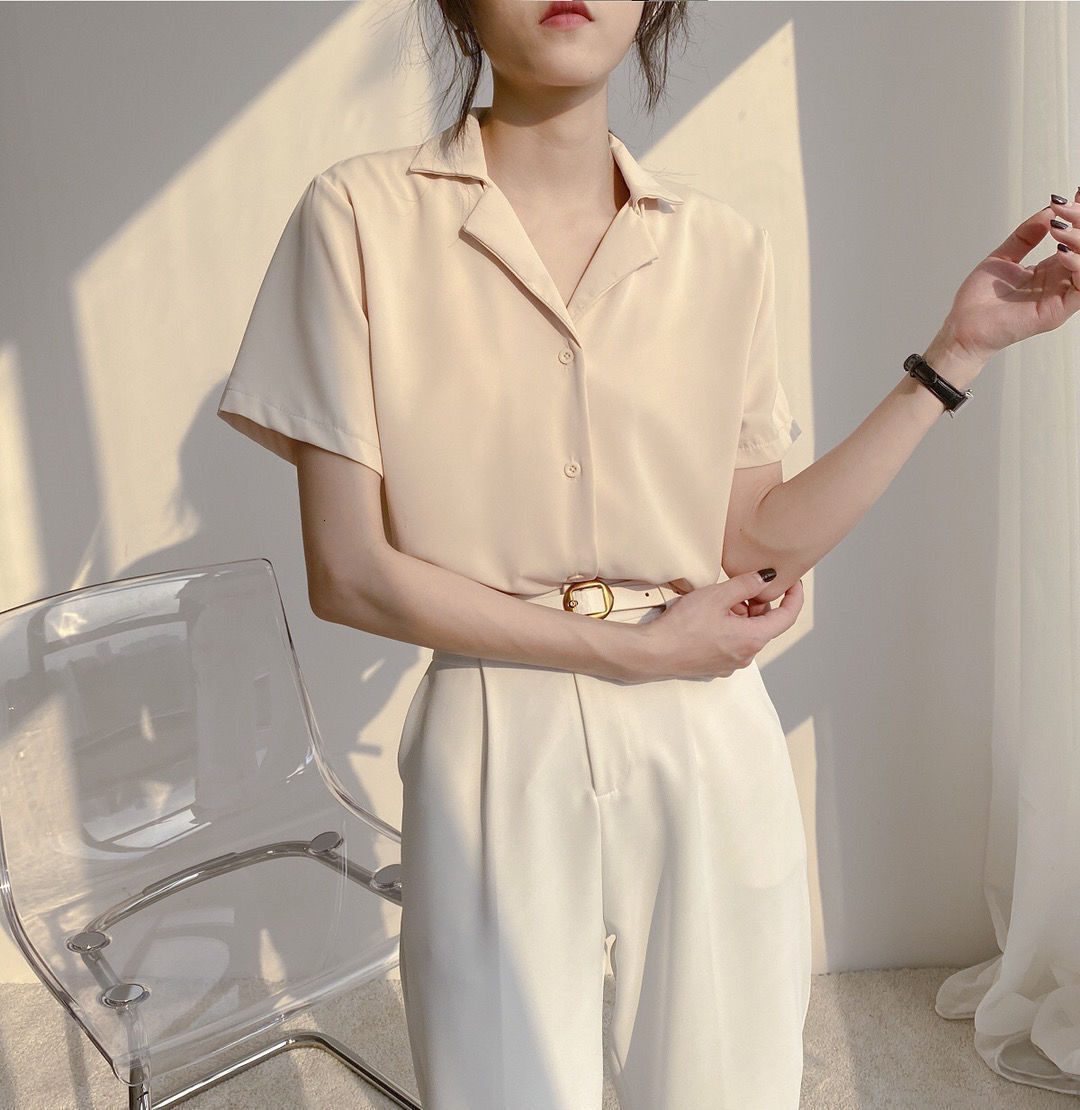 2025S Designer Women S T Shirt Spring Summer Academy Style Korean Edition Professional Suit Collar Flip Student Short Sleeved Shirt Solid Color Top Fe