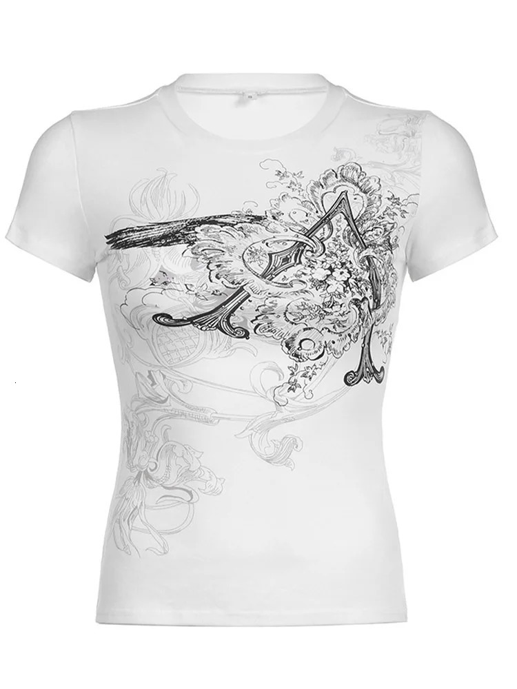 Retro Graphic Crop Top White Short Sleeve O Neck Casual T Shirt for Women y2k Aesthetic Vintage Basic Tees Ladies Clothes 250409
