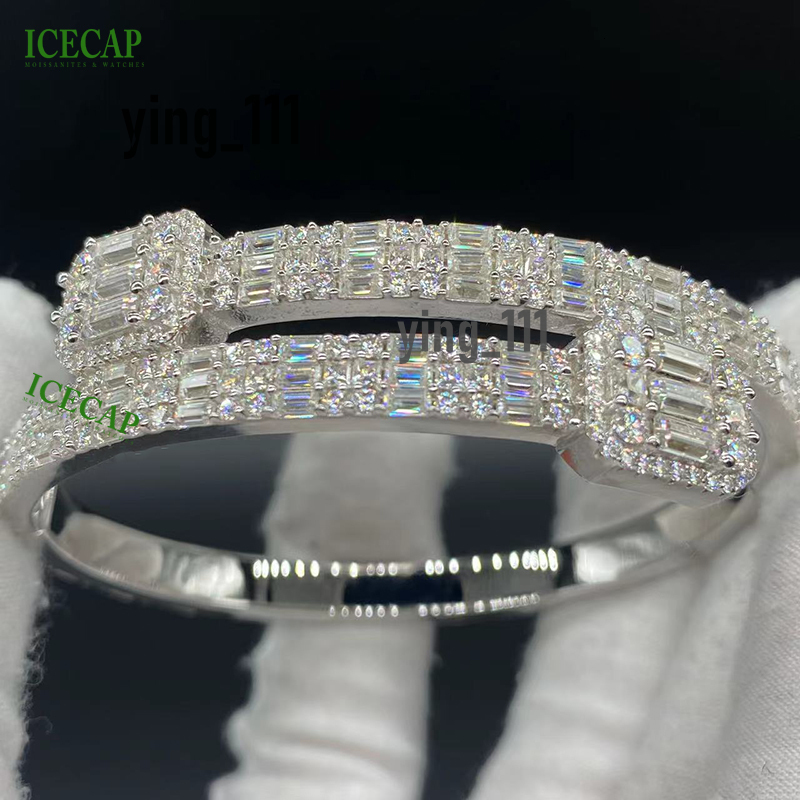 Baguette Moissanite Open Bangle Men Women Bracelet Iced Out VVS Moissanite Fashion 925 Silver Platinum Hip Hop Bracelet Charm