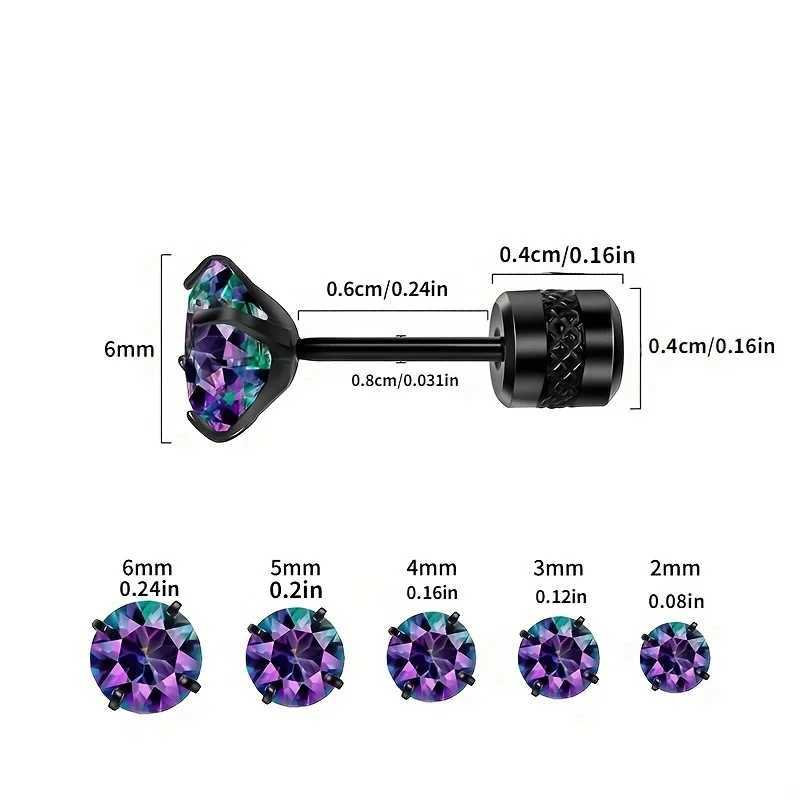 1pair Fashion Hypoallergenic Black Rainbow Cubic Zirconia Titanium Steel 4 Prong Spiral Design Stud Earrings for Men Women 2-6mm Z250408