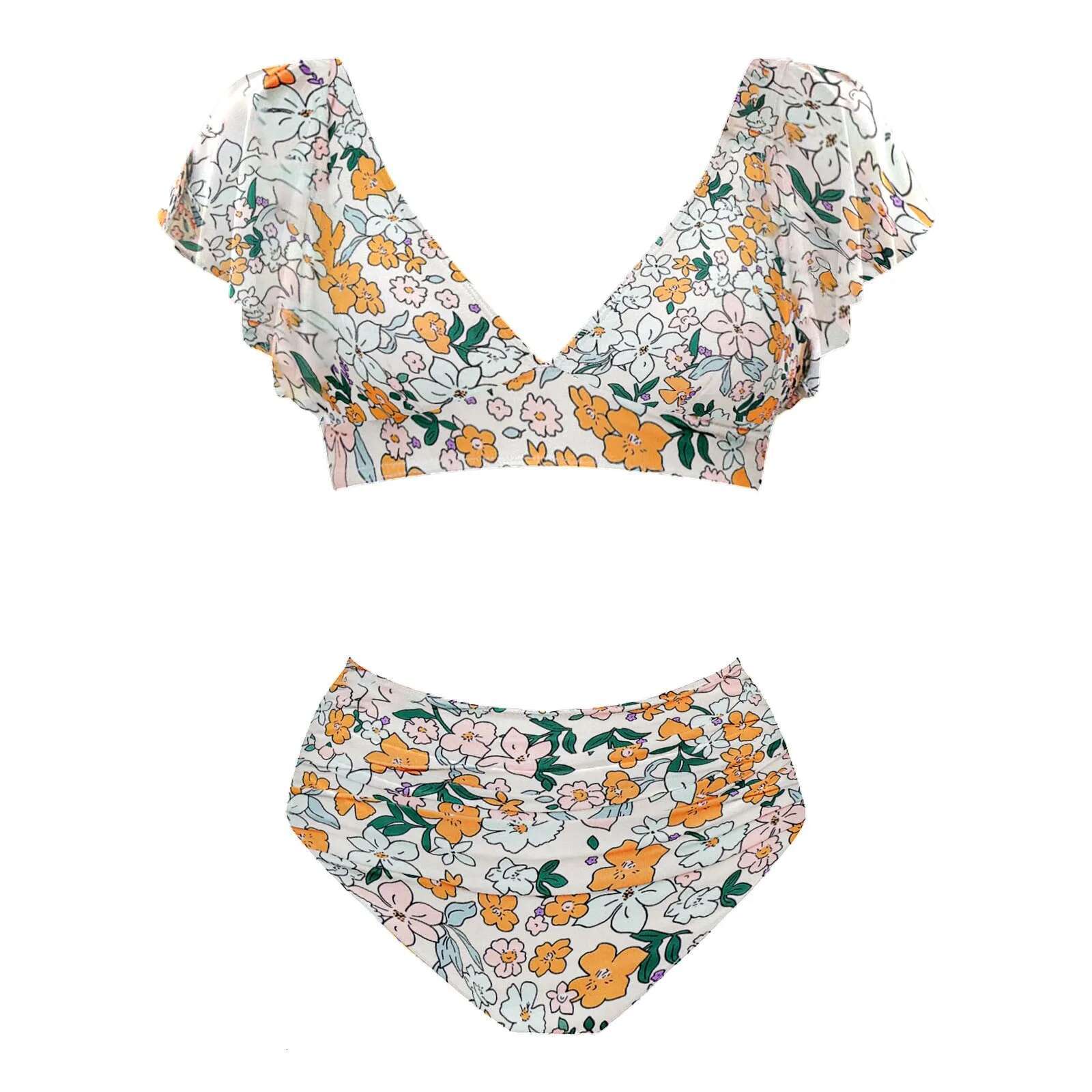Dongdumaoyi V Neck Ruffled High Waist Bikini Sets Swimsuit For Women Sexy Back Hook Two Pieces Beachwear Bathing Suit Swimwear