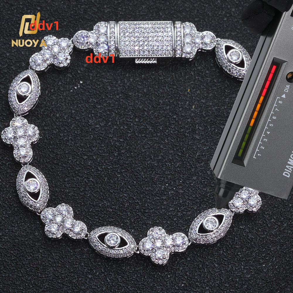 NOUYA 10mm 925 Silver VVS Moissanite Bracelet Eye Design Cross Silver Plated Cuban Chain Hip Hop Luxury Jewelry