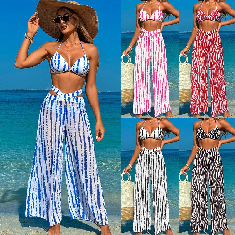 ner sexy bikini set 3piece thread womens swimsuit loose pants split adult leopard print 250409