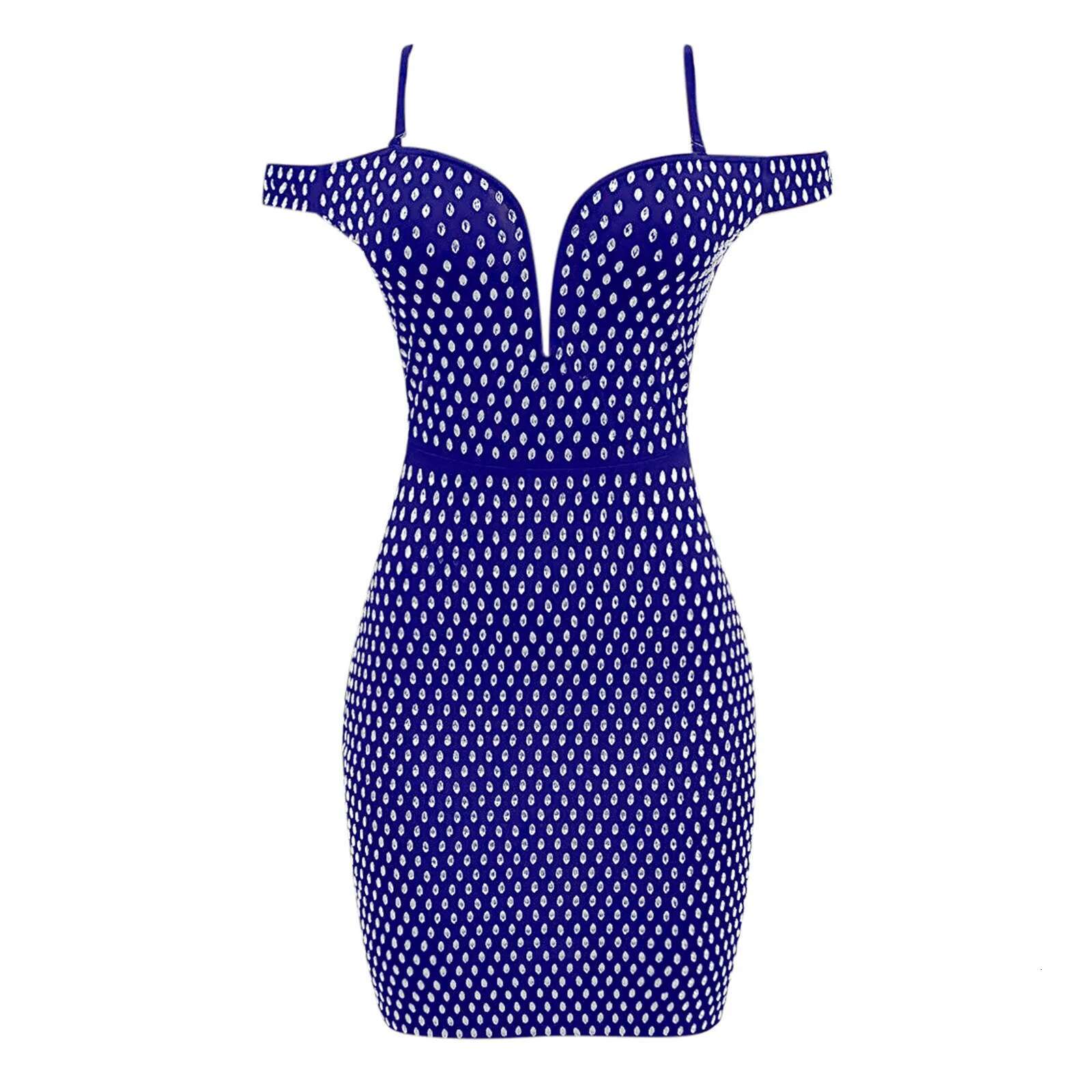Dongdumaoyi Elegant Sexy V Neck Sleeveless Dot Print Evening Party Dress Women S High Waist Tunics Bodycon Mid Calf White Blue Dresses