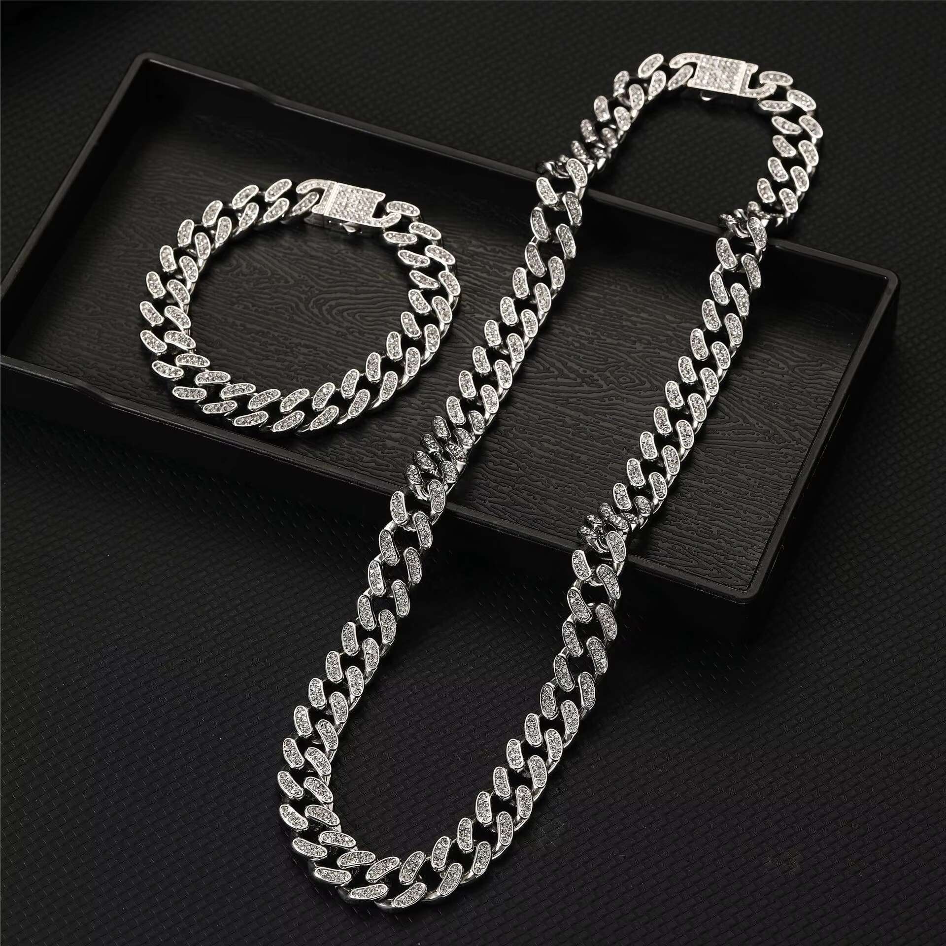 Chunky Gold PVD Men Stainless Steel Thick Iced Out Full Stone Bling Jewelry Schmuck Cuban Link Chain Necklace for Men Armband